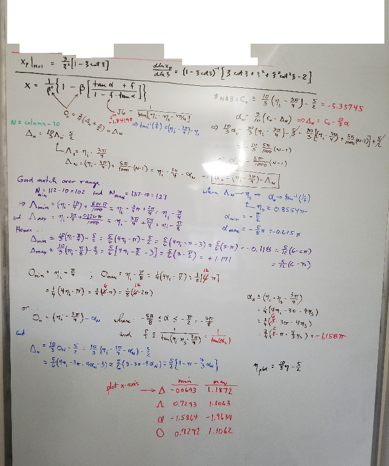 Photo of white board with steps showing development of trial eigenfunction. This should be paired with an Excel spreadsheet.