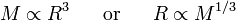 M \propto R^3  ~~~~~\mathrm{or}~~~~~R \propto M^{1/3} 