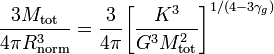 ~\frac{3M_\mathrm{tot}}{4\pi R_\mathrm{norm}^3}
= \frac{3}{4\pi} \biggl[ \frac{K^3}{G^3 M_\mathrm{tot}^2} \biggr]^{1/(4-3\gamma_g )}  
