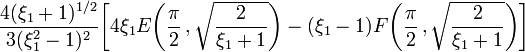 ~ \frac{4(\xi_1+1)^{1/2} }{3(\xi_1^2 - 1)^2 } \biggr[ 
4\xi_1 E\biggl( \frac{\pi}{2} \, , \sqrt{\frac{2}{\xi_1 + 1}} \biggr) 
- (\xi_1-1) F\biggl( \frac{\pi}{2} \, , \sqrt{\frac{2}{\xi_1 + 1}} \biggr) \biggr]

